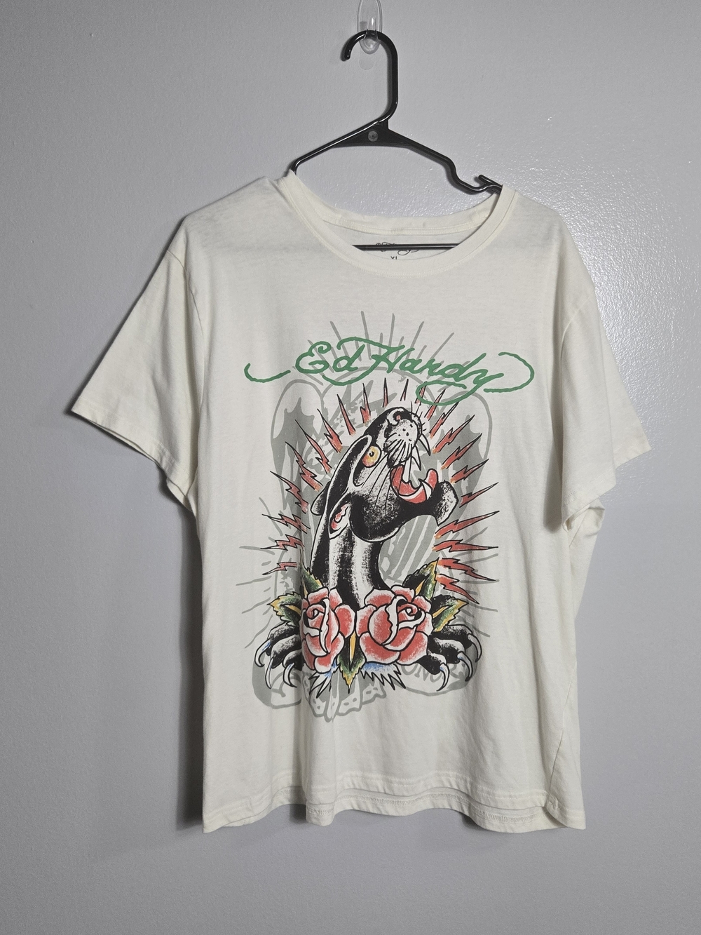 Ed Hardy XL Ivory White Panther Rose Tattoo Graphic T-Shirt Don Ed Hardy Top